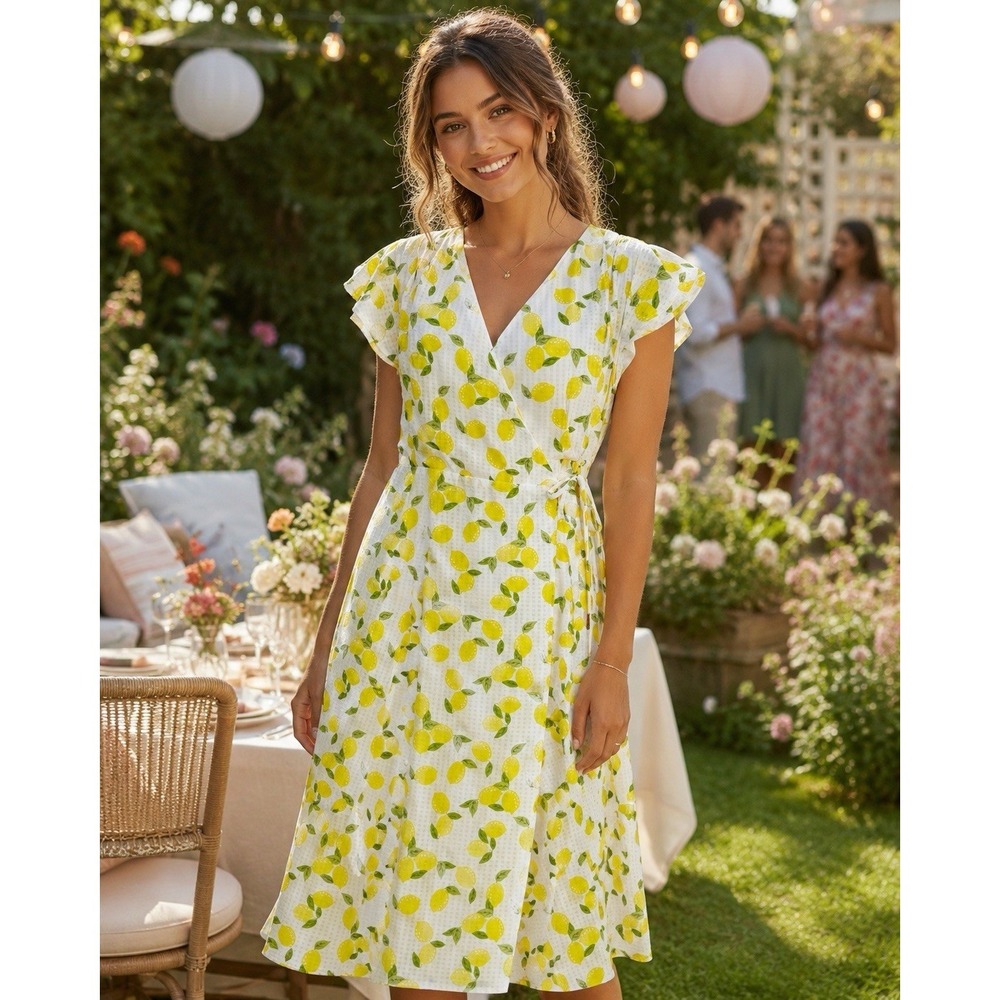 Draper James RSVP Midi Wrap Dress M Yellow Lemons Flutter Sleeve Romantic